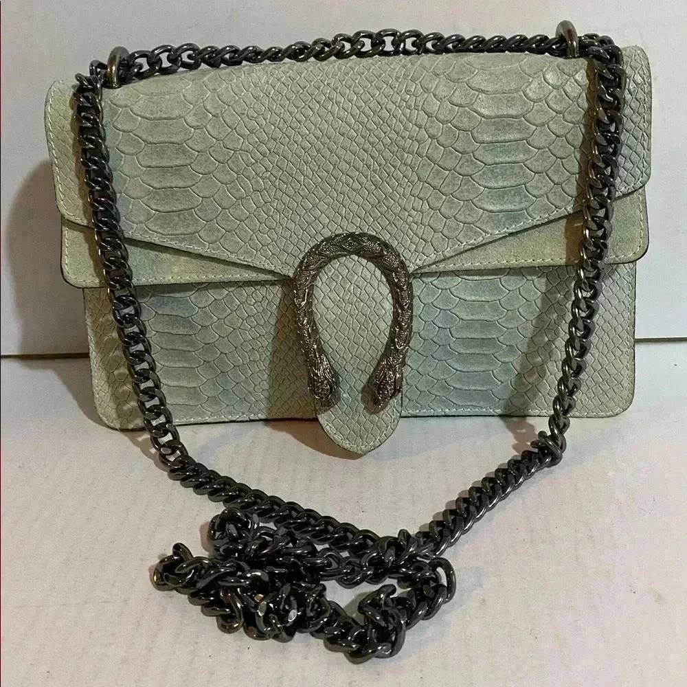 Handcrafted vintage green blue leather suede satchel handbag